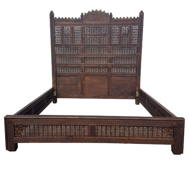 Handmade Moroccan Mousharabia Bed - Carved Lattice Headboard