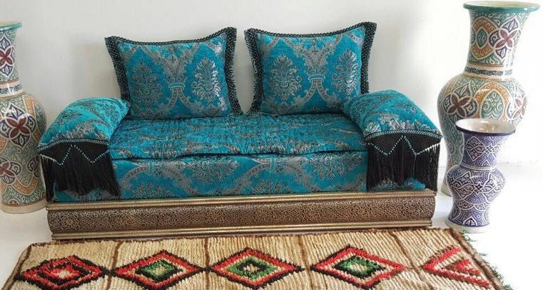 Blue Moroccan Daybed Sofa, Handmade Silver Metal Bench