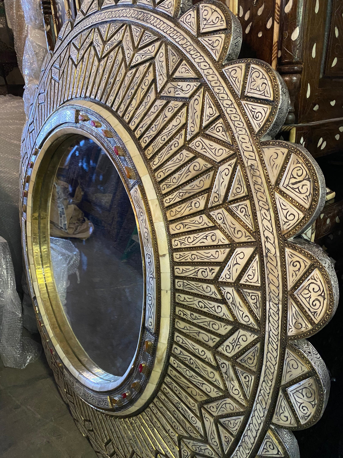 Handmade Moroccan Mirror: White Camel Bone Inlay, Middle Eastern Decor