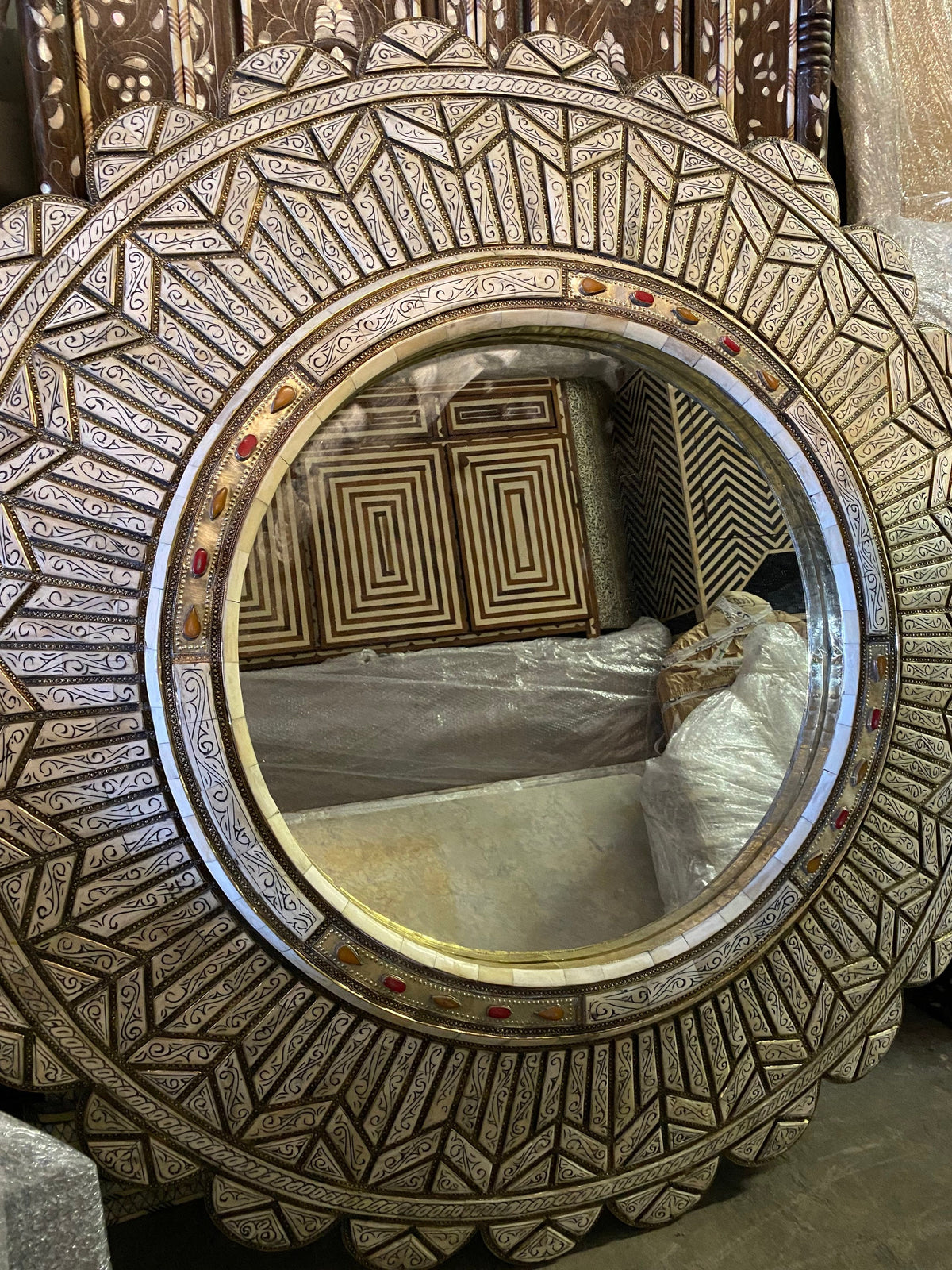 Handmade Moroccan Mirror: White Camel Bone Inlay, Middle Eastern Decor