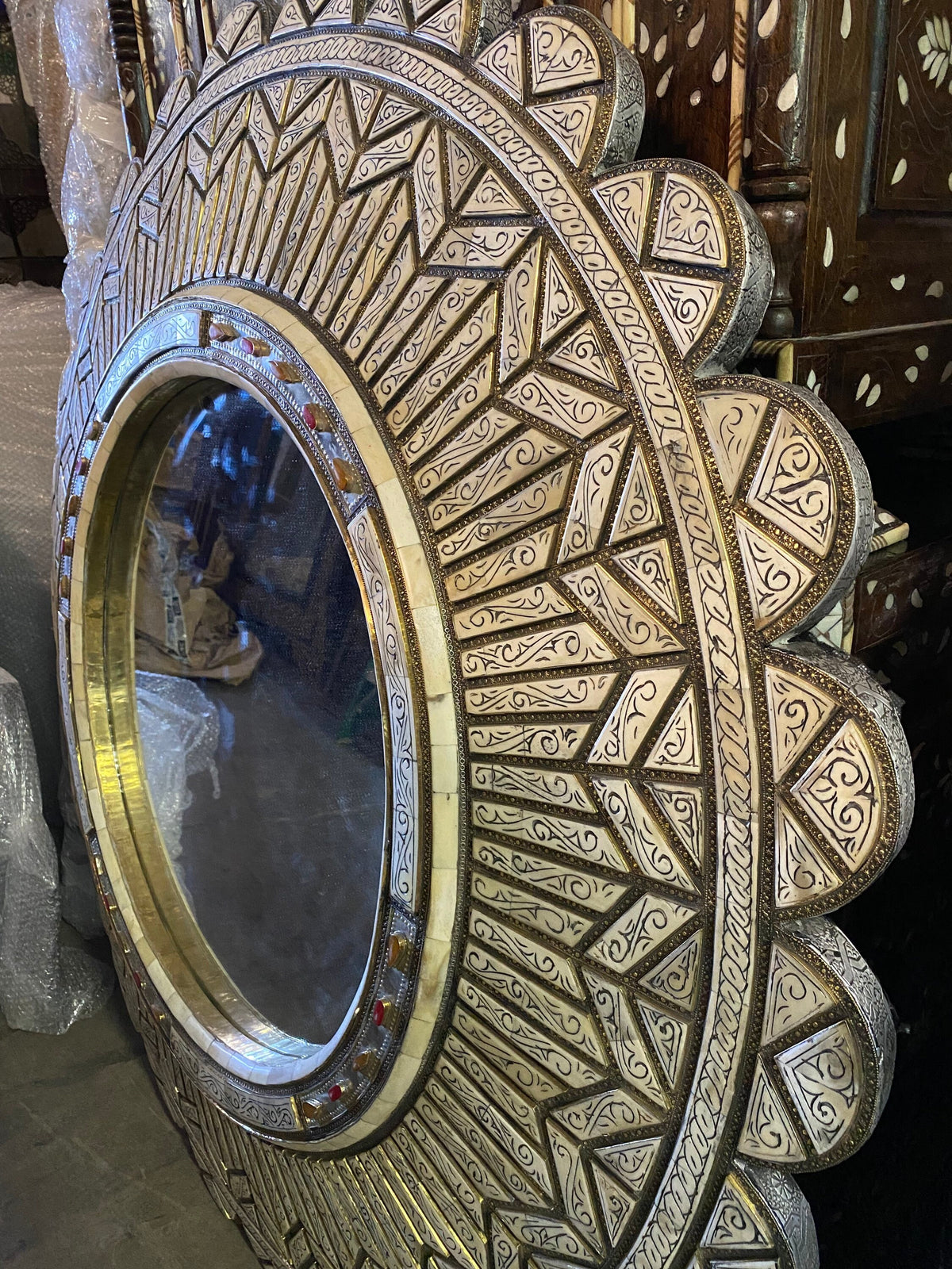 Handmade Moroccan Mirror: White Camel Bone Inlay, Middle Eastern Decor