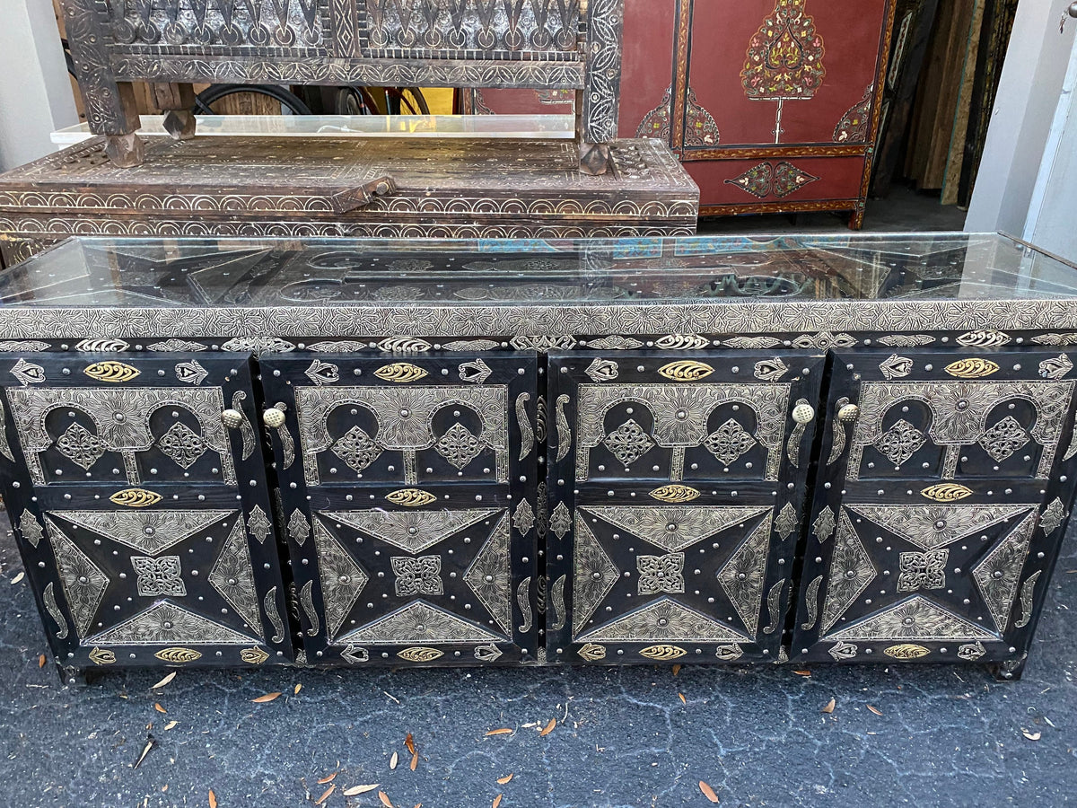 Handmade Moroccan Silver Metal Cabinet, Solid Wood Buffet Furniture