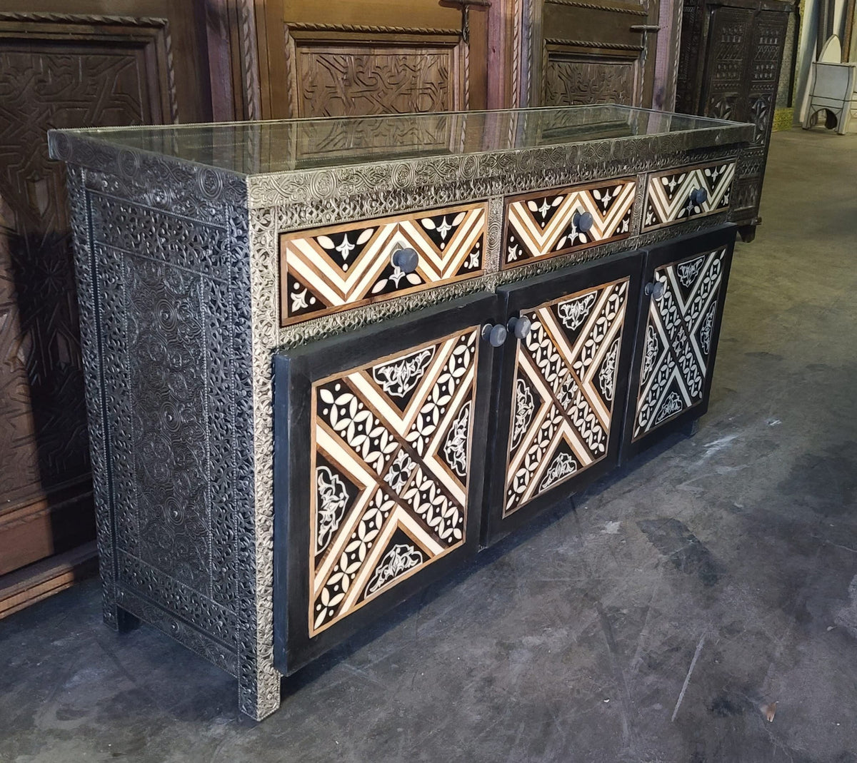 Handmade Moroccan Silver Metal & Bone Cabinet - Unique Buffet Furniture
