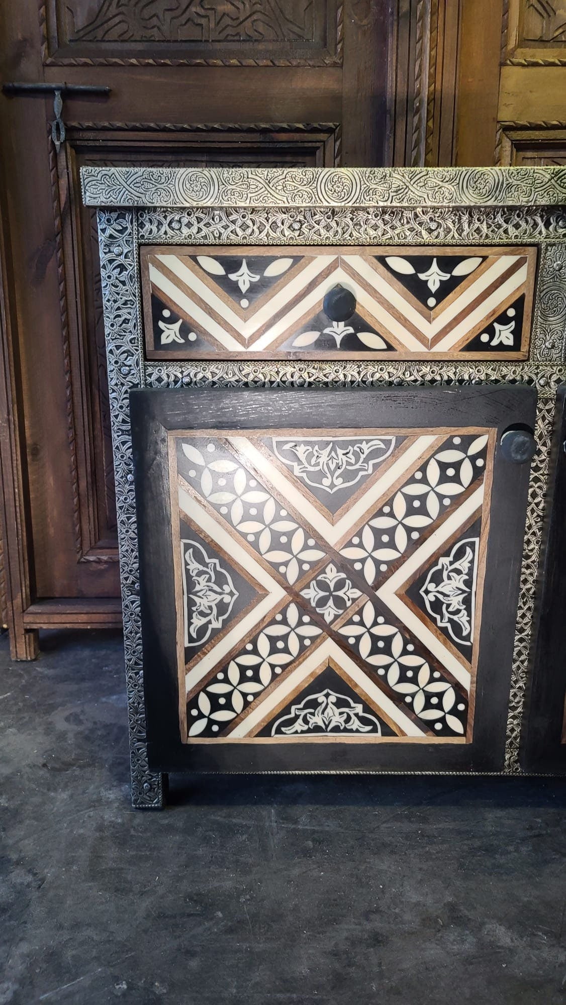Handmade Moroccan Silver Metal & Bone Cabinet - Unique Buffet Furniture