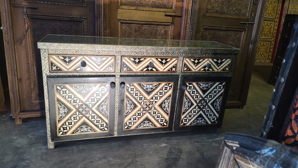 Handmade Moroccan Silver Metal & Bone Cabinet - Unique Buffet Furniture