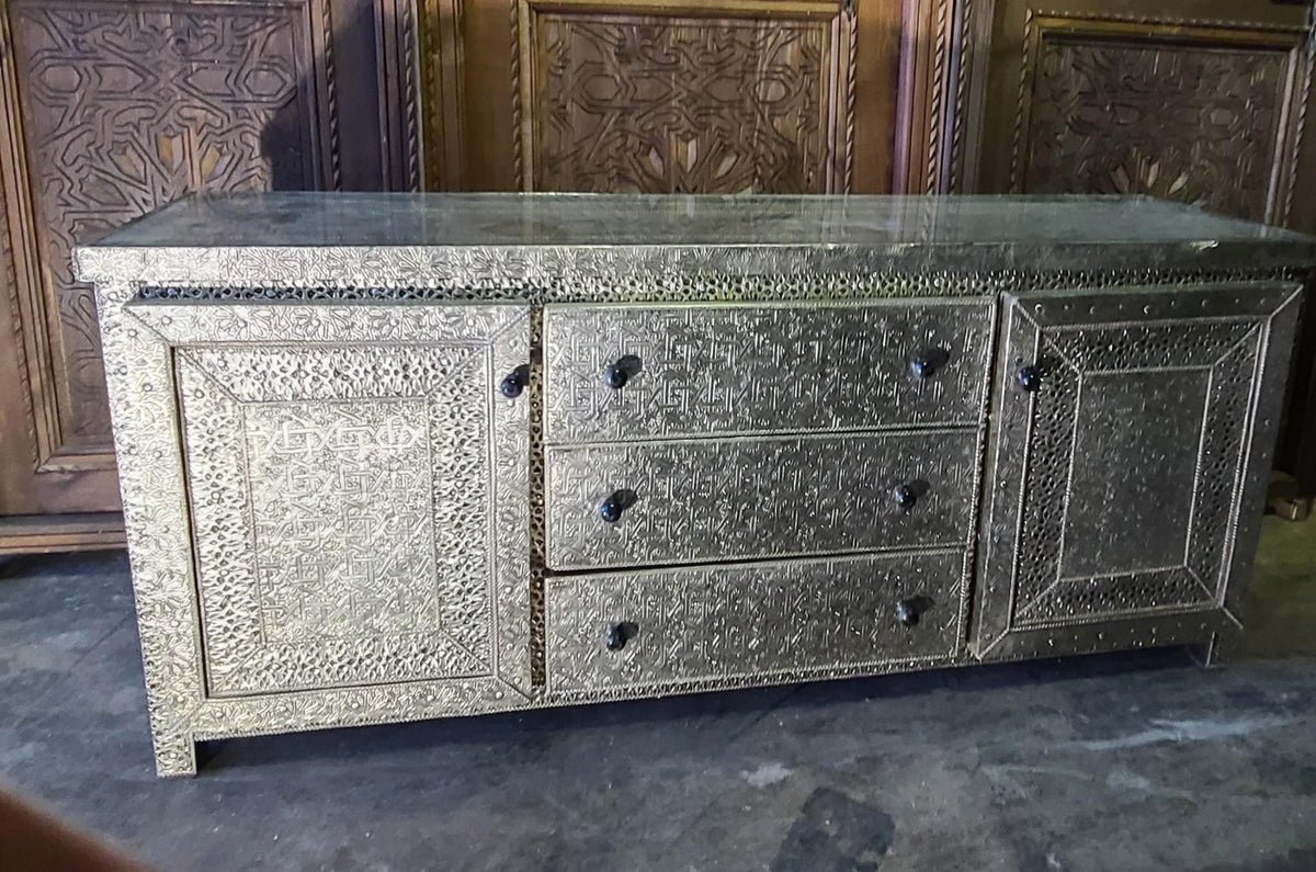 Handmade Moroccan Silver Metal Cabinet, Buffet Furniture