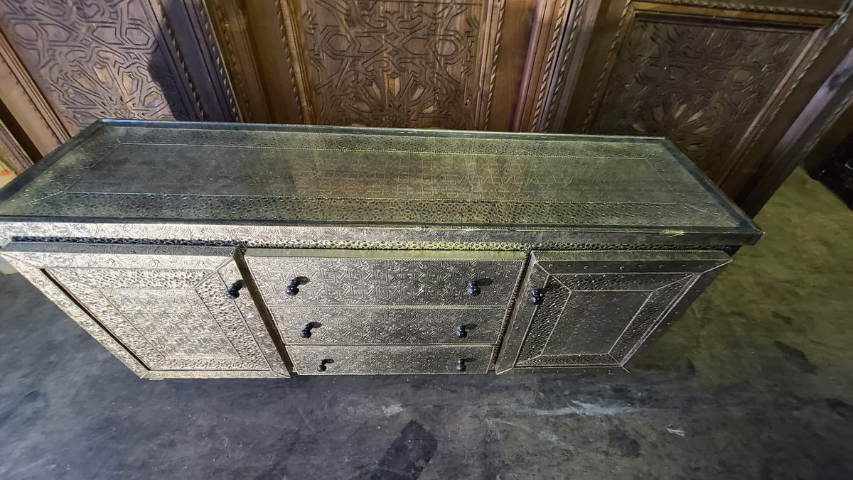 Handmade Moroccan Silver Metal Cabinet, Buffet Furniture