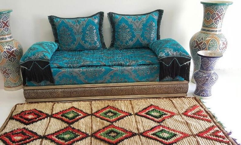 Blue Moroccan Daybed Sofa, Handmade Silver Metal Bench
