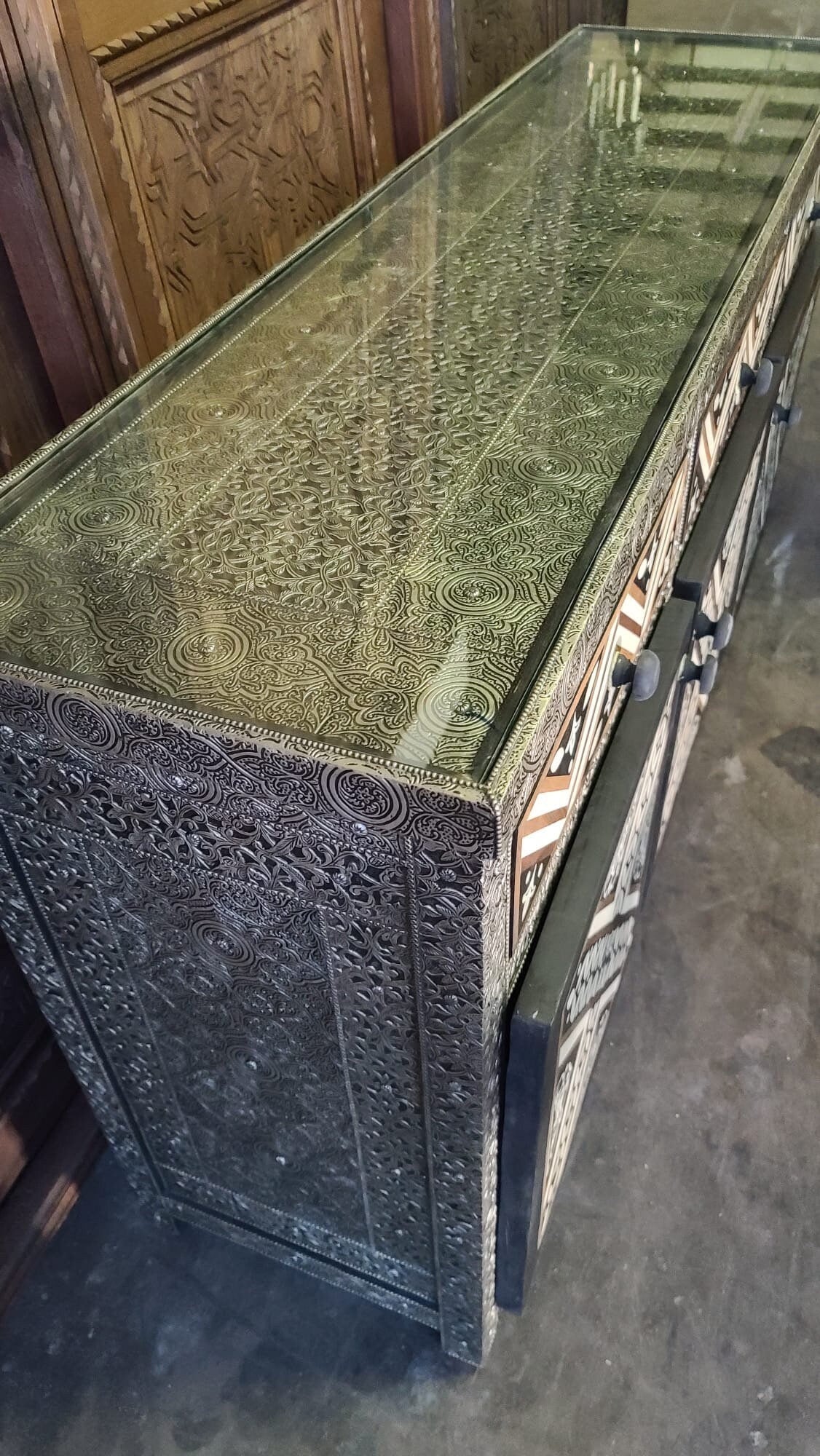 Handmade Moroccan Silver Metal & Bone Cabinet - Unique Buffet Furniture