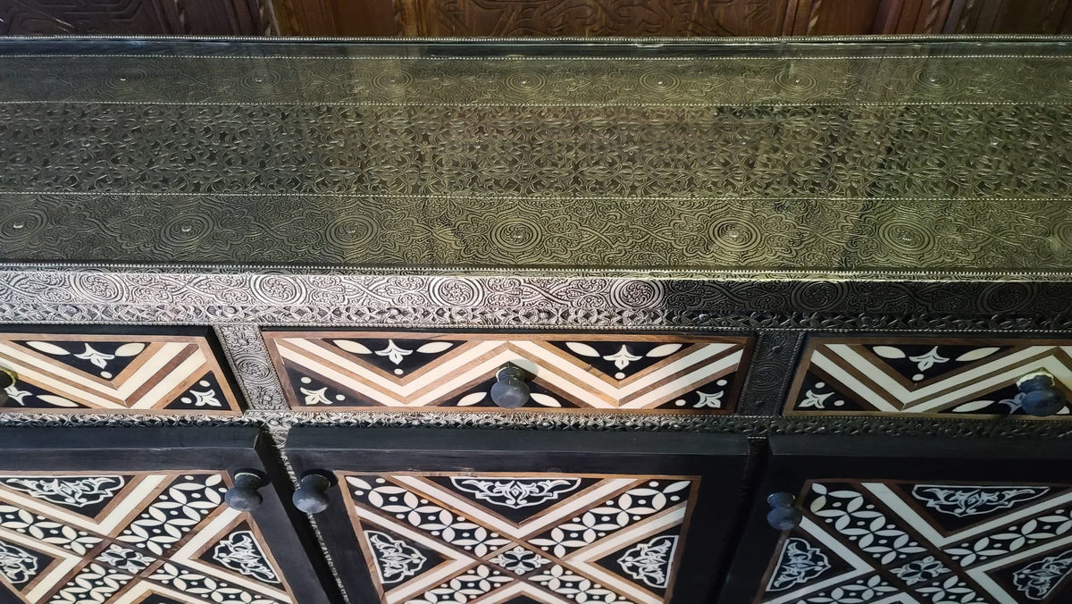 Handmade Moroccan Silver Metal & Bone Cabinet - Unique Buffet Furniture