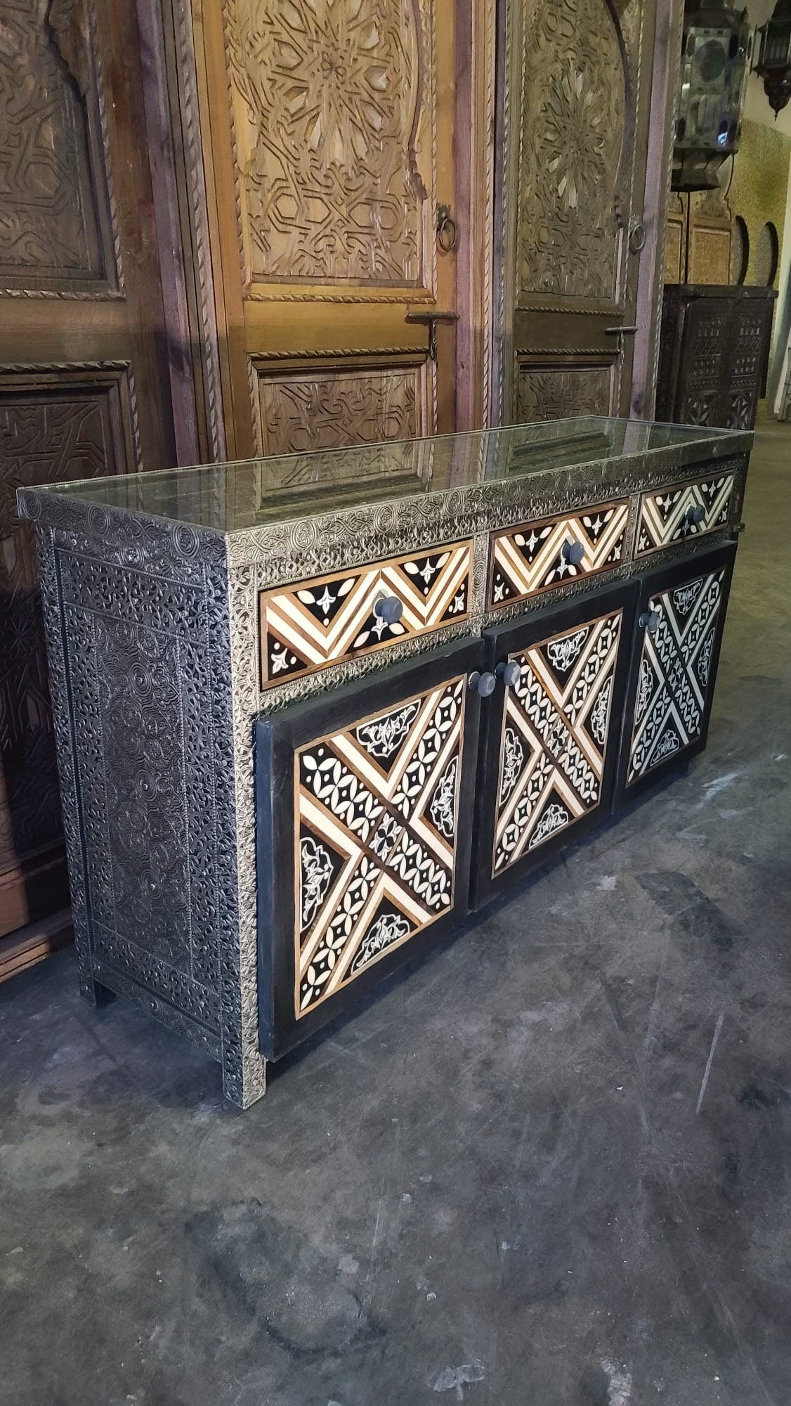 Handmade Moroccan Silver Metal & Bone Cabinet - Unique Buffet Furniture