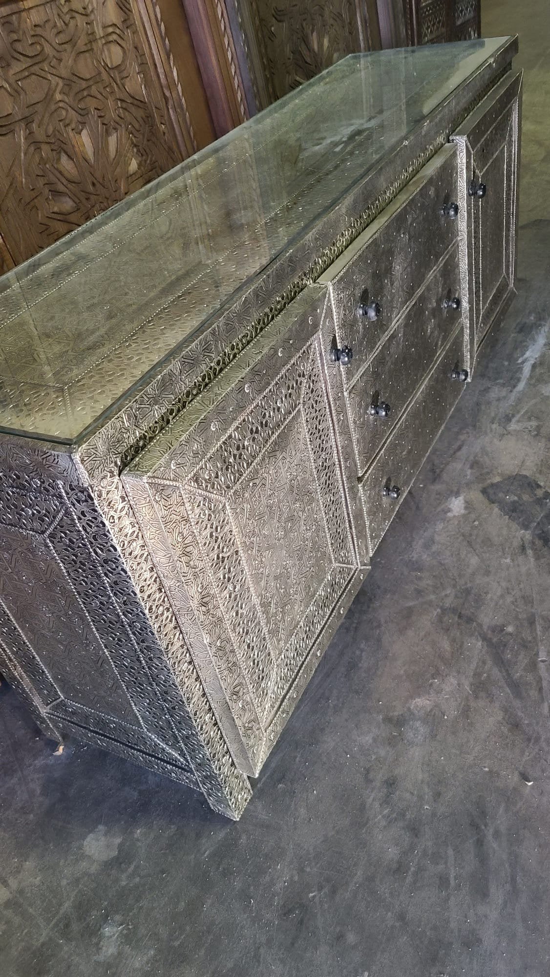 Handmade Moroccan Silver Metal Cabinet, Buffet Furniture