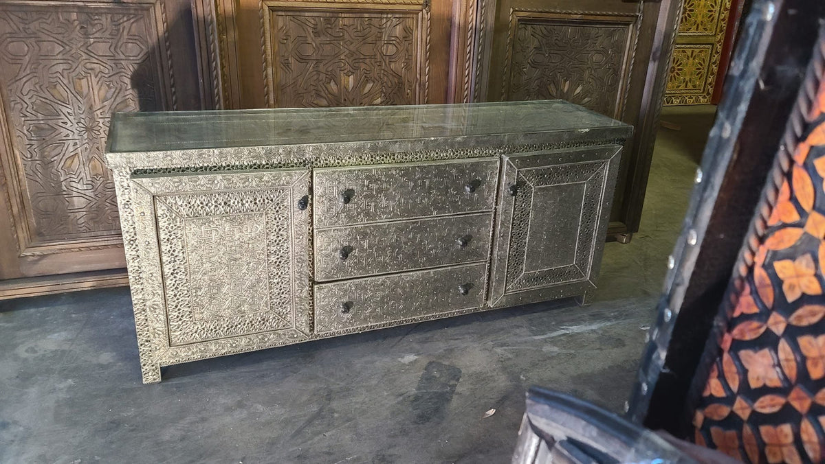 Handmade Moroccan Silver Metal Cabinet, Buffet Furniture