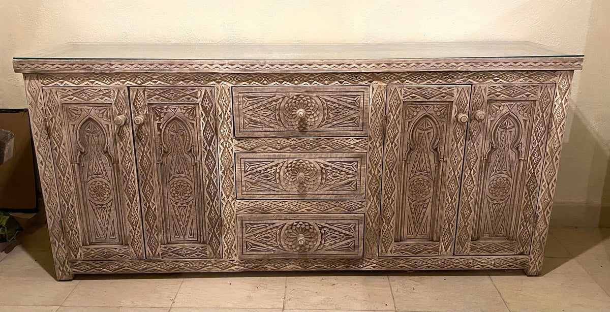 Handmade Moroccan Buffet, Carved Wood Cabinet, Moorish Dresser
