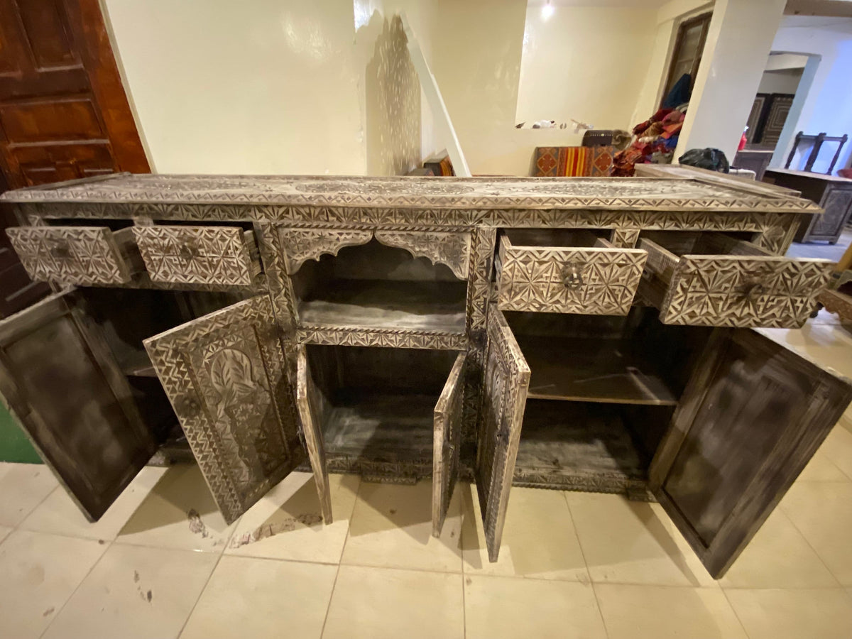 Handmade Moroccan Buffet: Carved Wooden Cabinet with Drawers