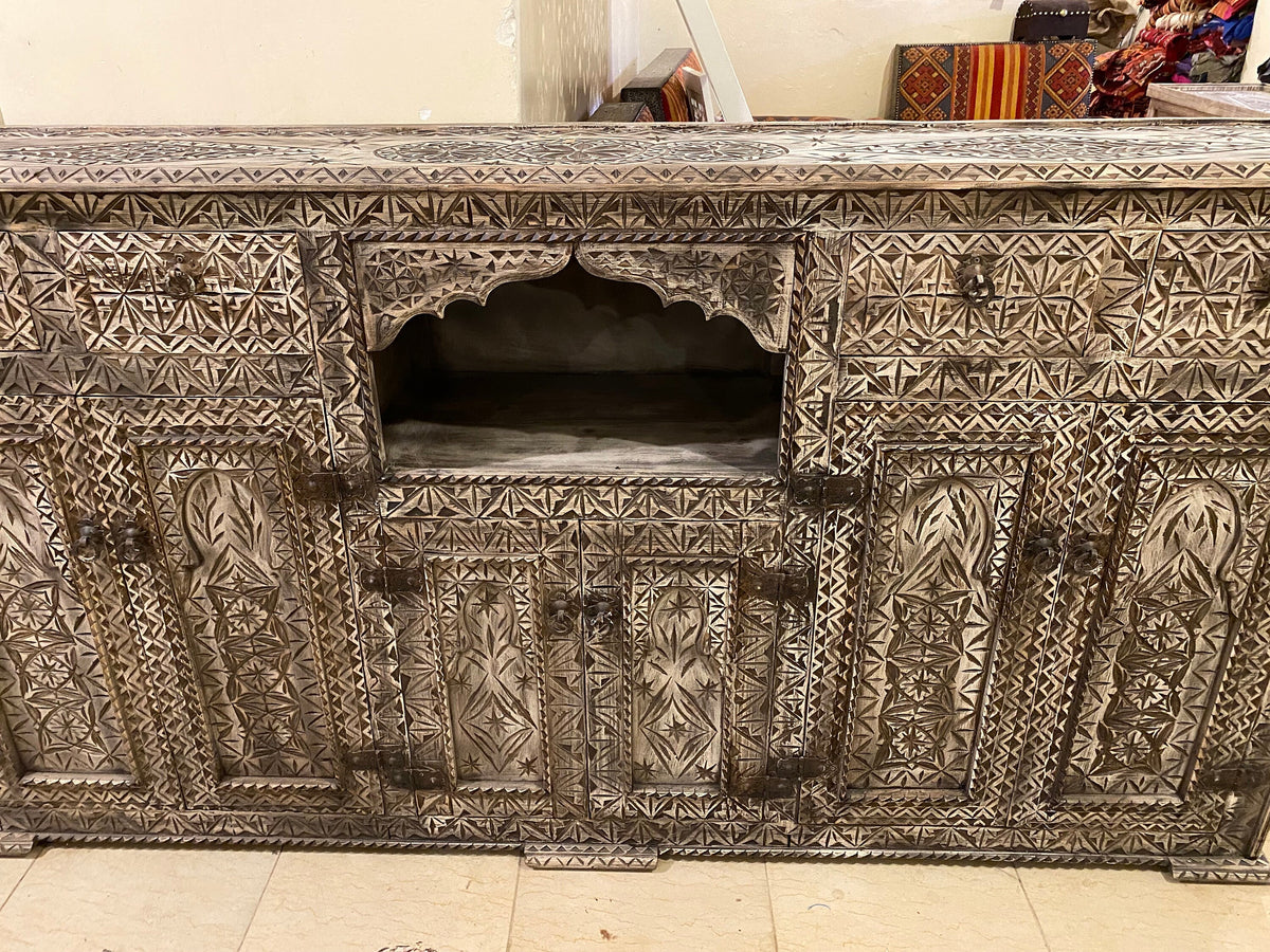 Handmade Moroccan Buffet: Carved Wooden Cabinet with Drawers