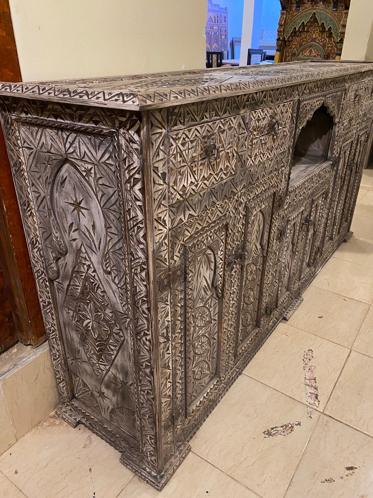 Handmade Moroccan Buffet: Carved Wooden Cabinet with Drawers