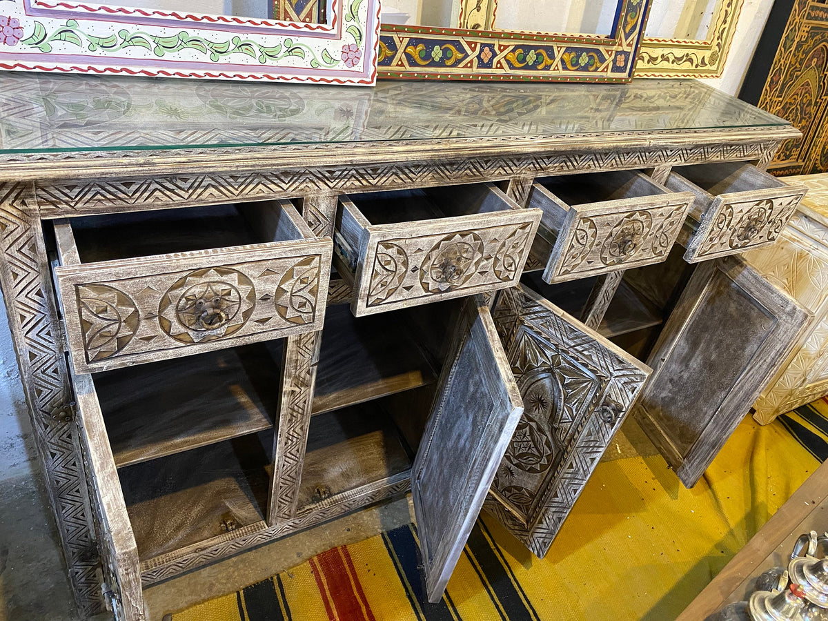 Handmade Carved Berber Wooden Credenza, Moroccan Buffet
