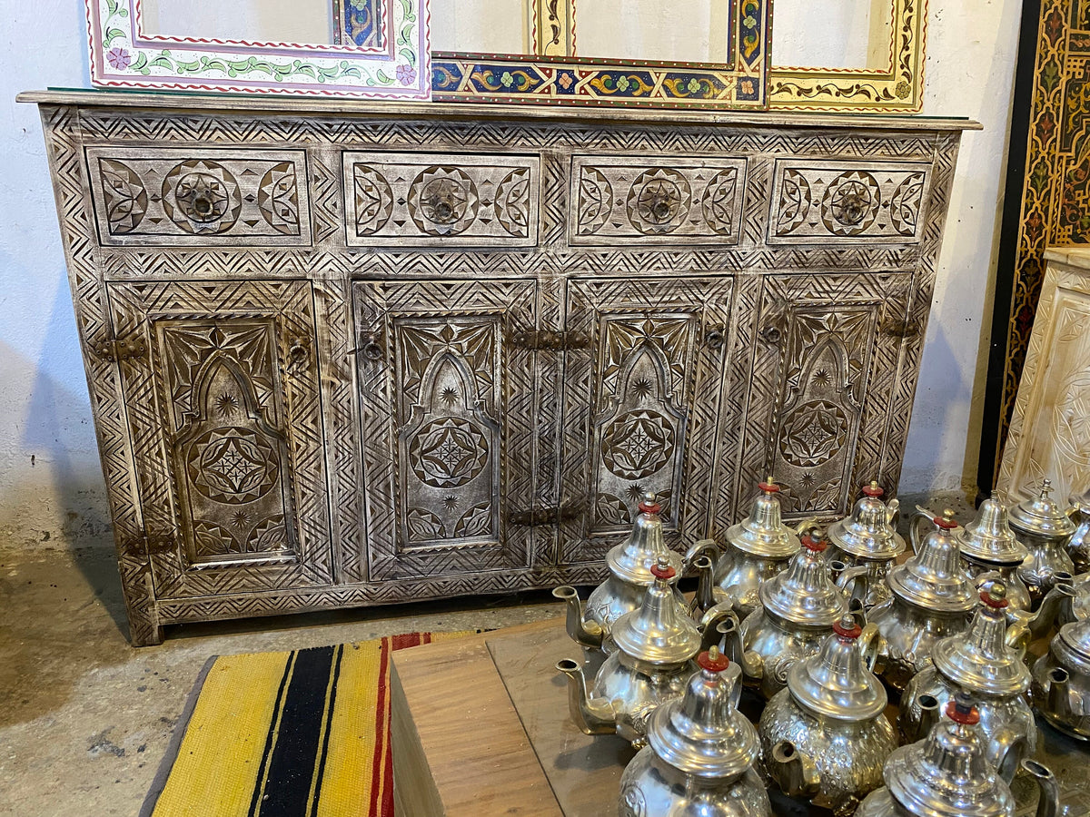 Handmade Carved Berber Wooden Credenza, Moroccan Buffet
