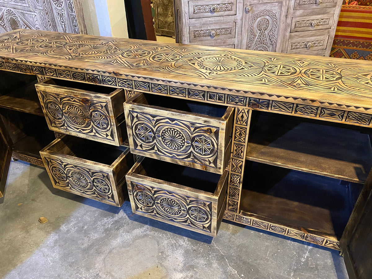 Handmade African Carved Wood Cabinet, Moorish Dresser, 205cm