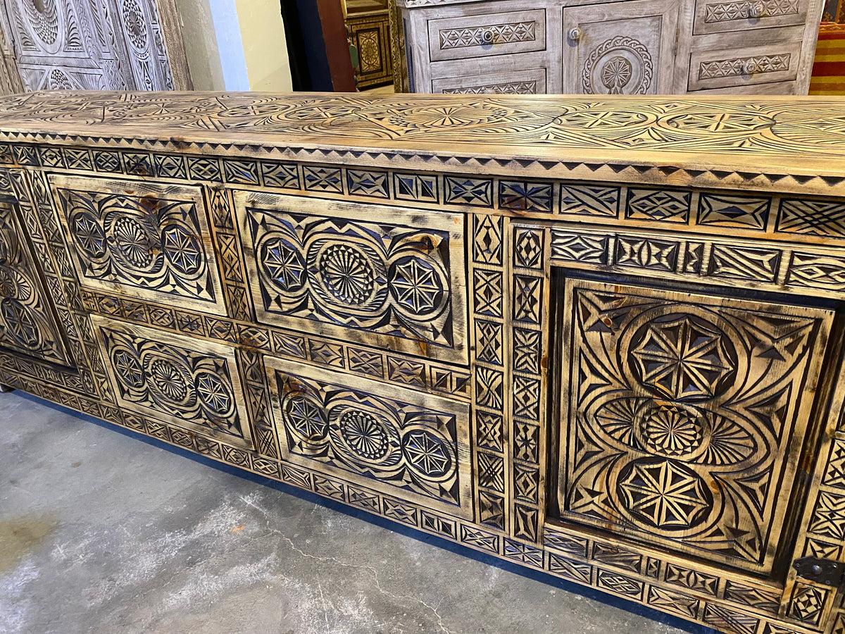 Handmade African Carved Wood Cabinet, Moorish Dresser, 205cm