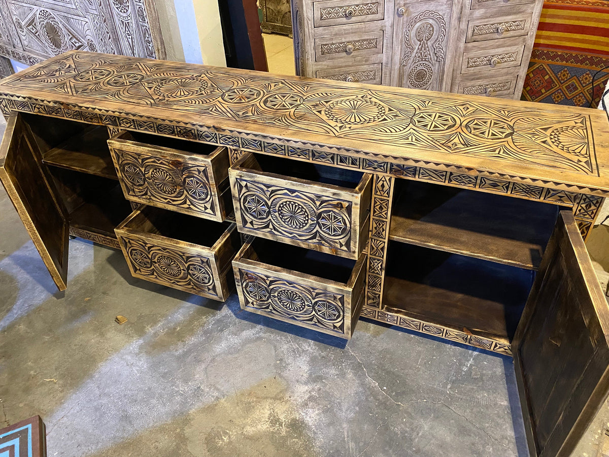 Handmade African Carved Wood Cabinet, Moorish Dresser, 205cm