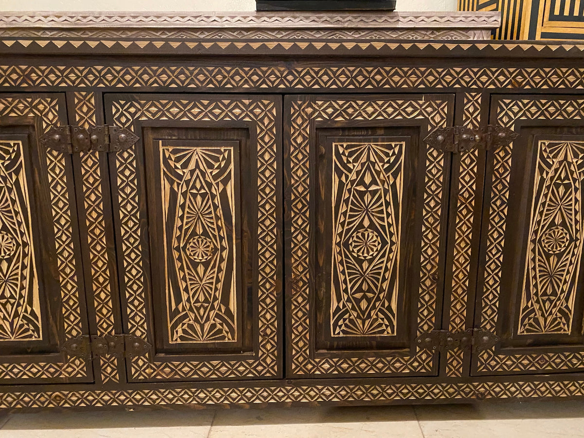Handmade Carved Moroccan Cabinet, Ethnic Solid Wood Dresser, 204cm