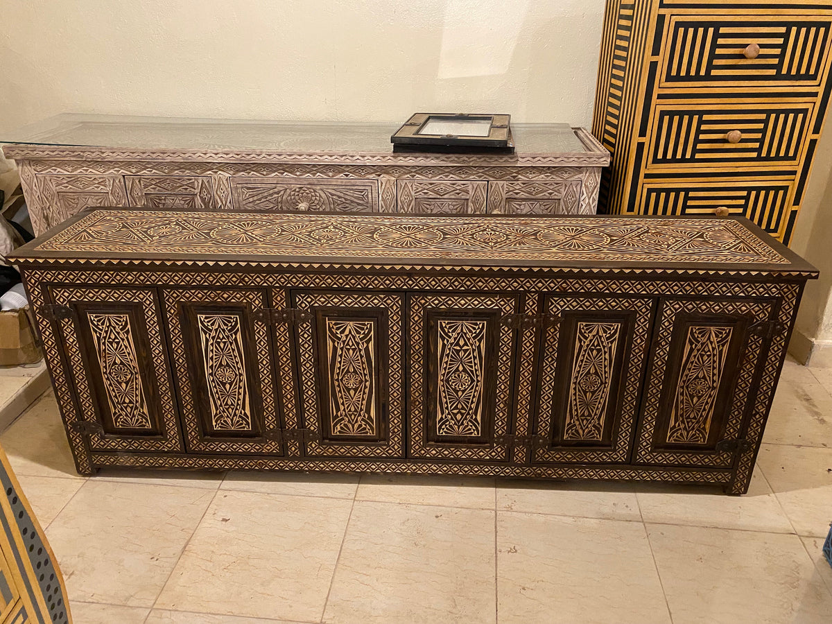 Handmade Carved Moroccan Cabinet, Ethnic Solid Wood Dresser, 204cm