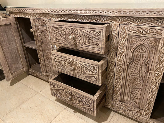 Handmade Moroccan Buffet, Carved Wood Cabinet, Moorish Dresser