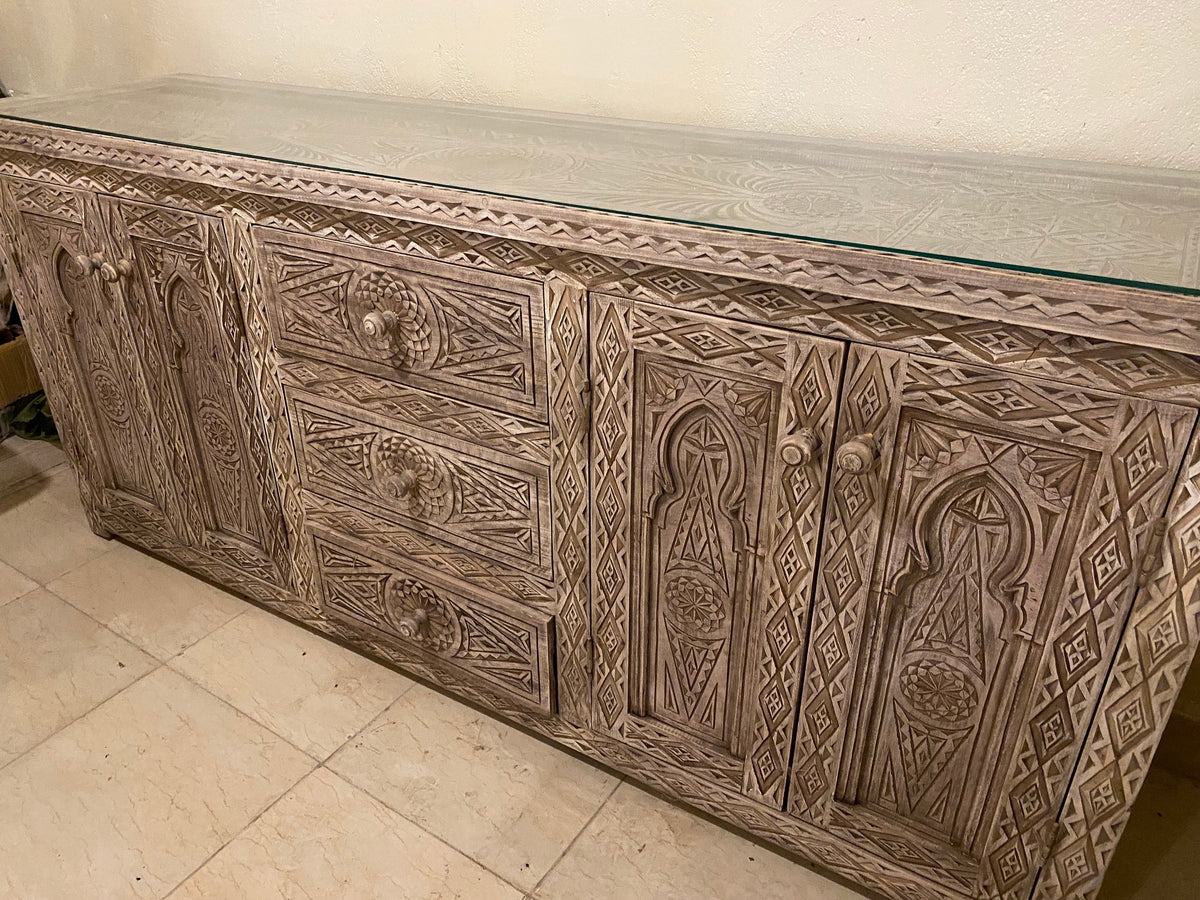 Handmade Moroccan Buffet, Carved Wood Cabinet, Moorish Dresser