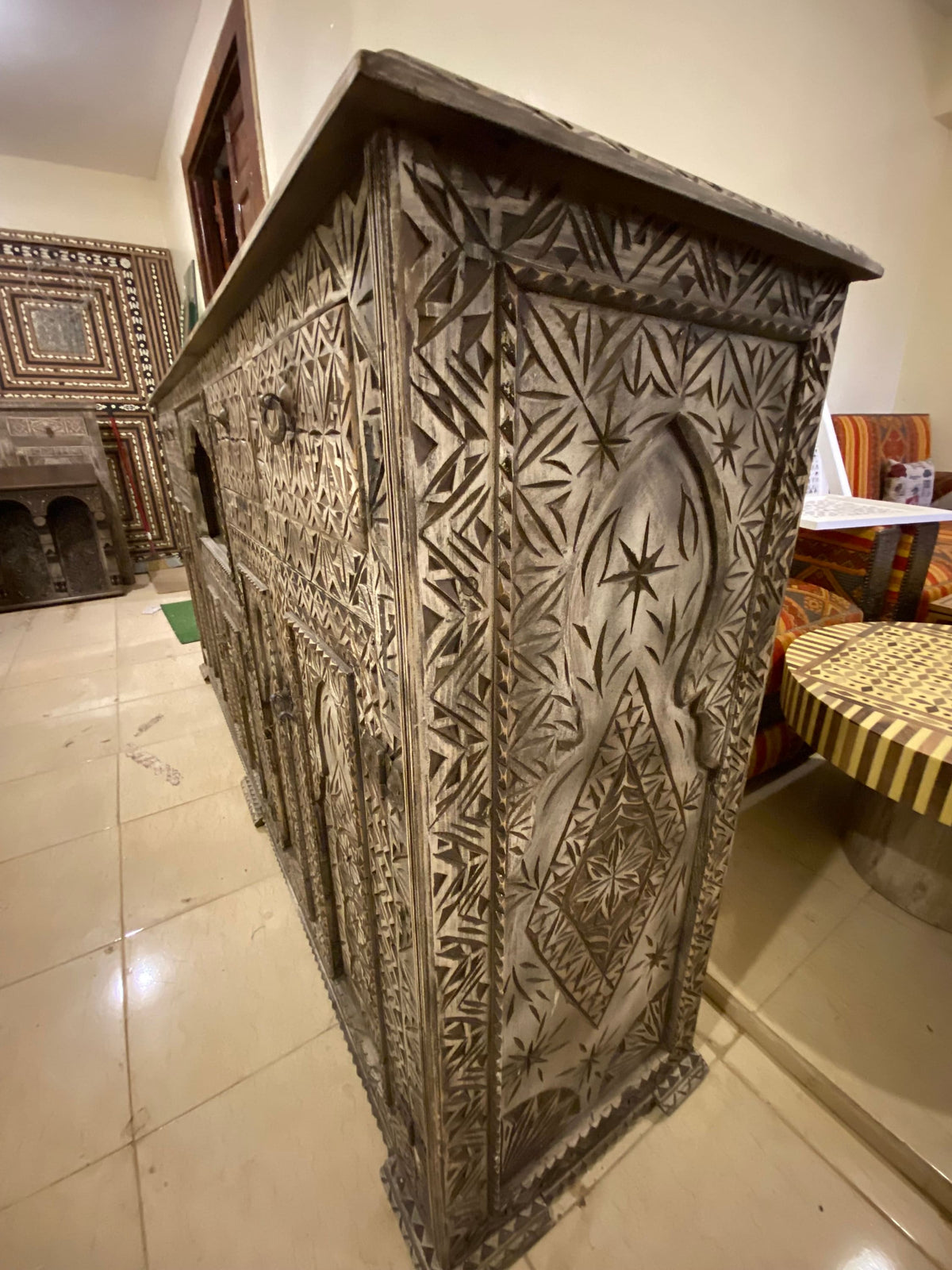 Handmade Moroccan Buffet: Carved Wooden Cabinet with Drawers