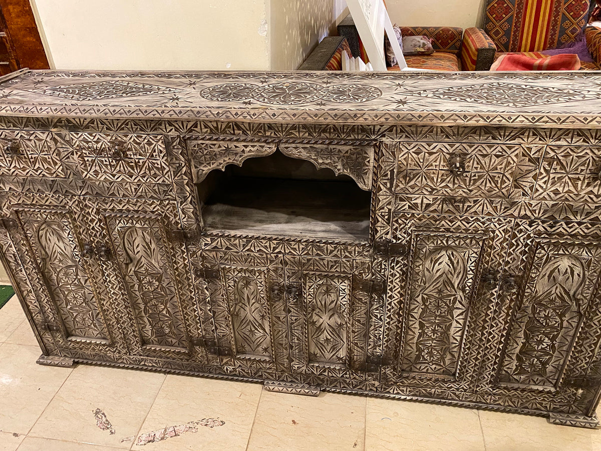Handmade Moroccan Buffet: Carved Wooden Cabinet with Drawers