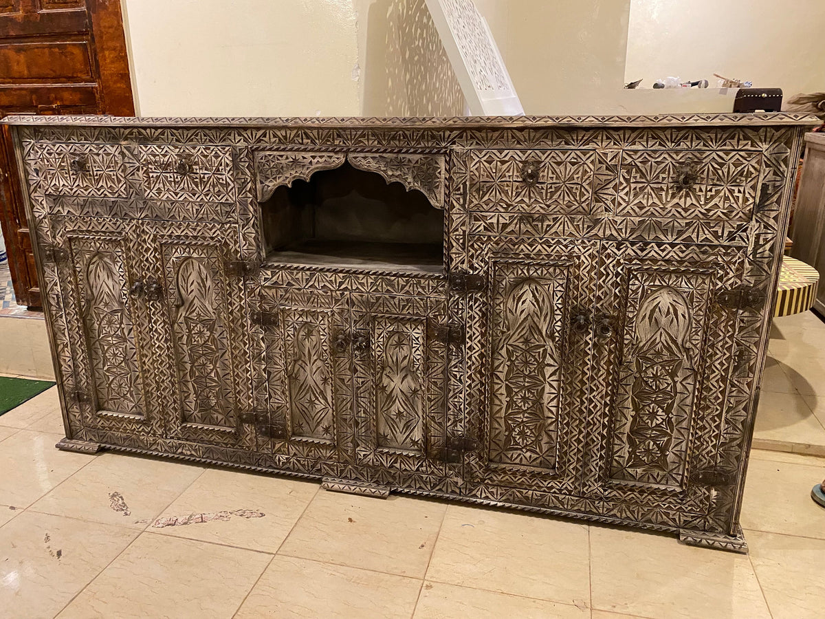 Handmade Moroccan Buffet: Carved Wooden Cabinet with Drawers