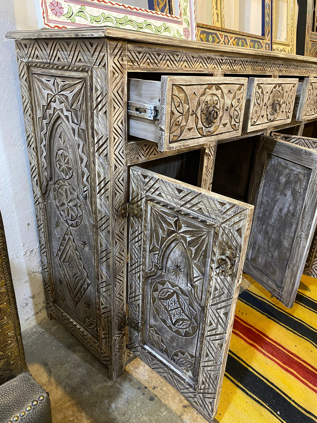 Handmade Carved Berber Wooden Credenza, Moroccan Buffet