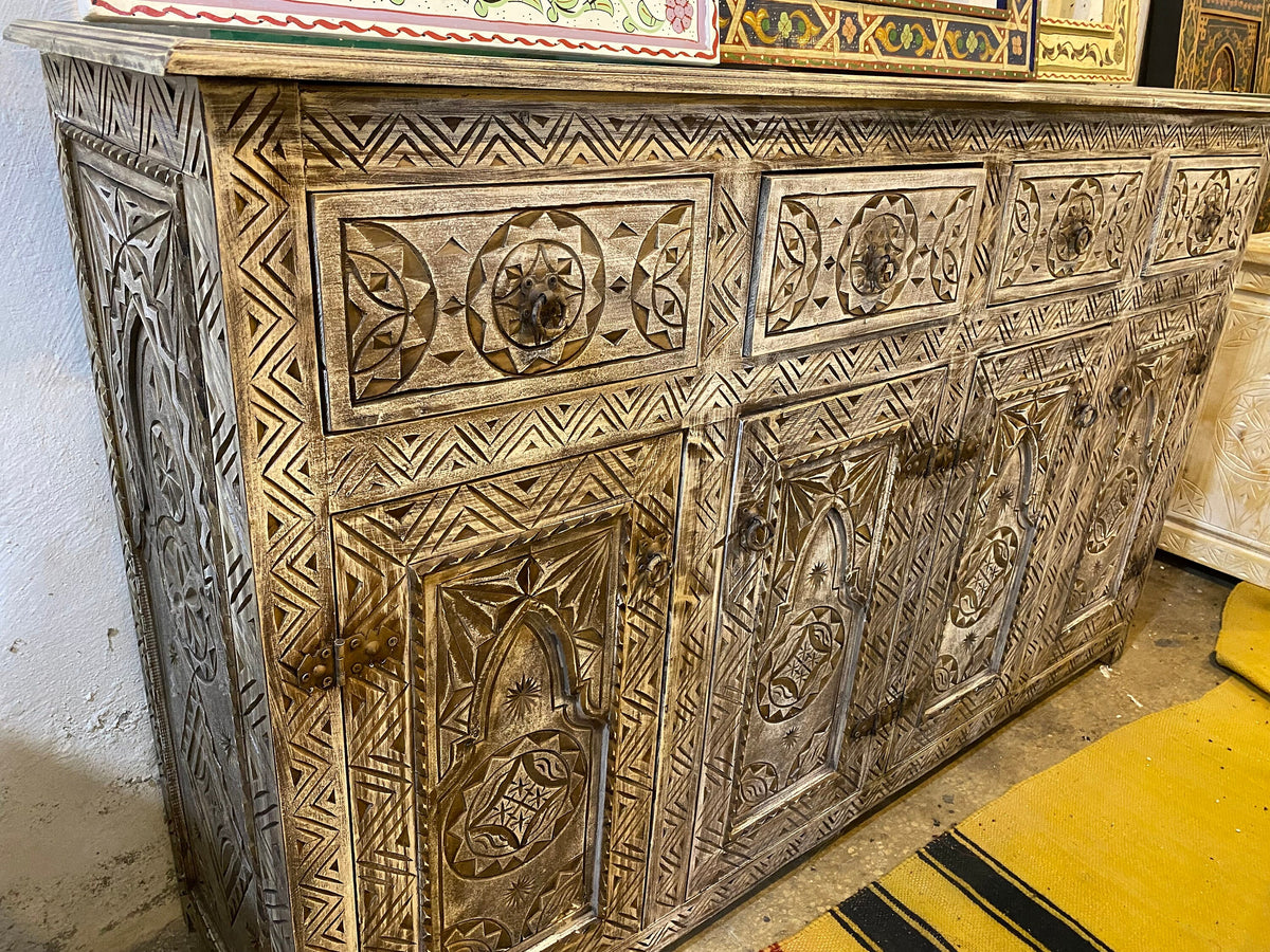 Handmade Carved Berber Wooden Credenza, Moroccan Buffet