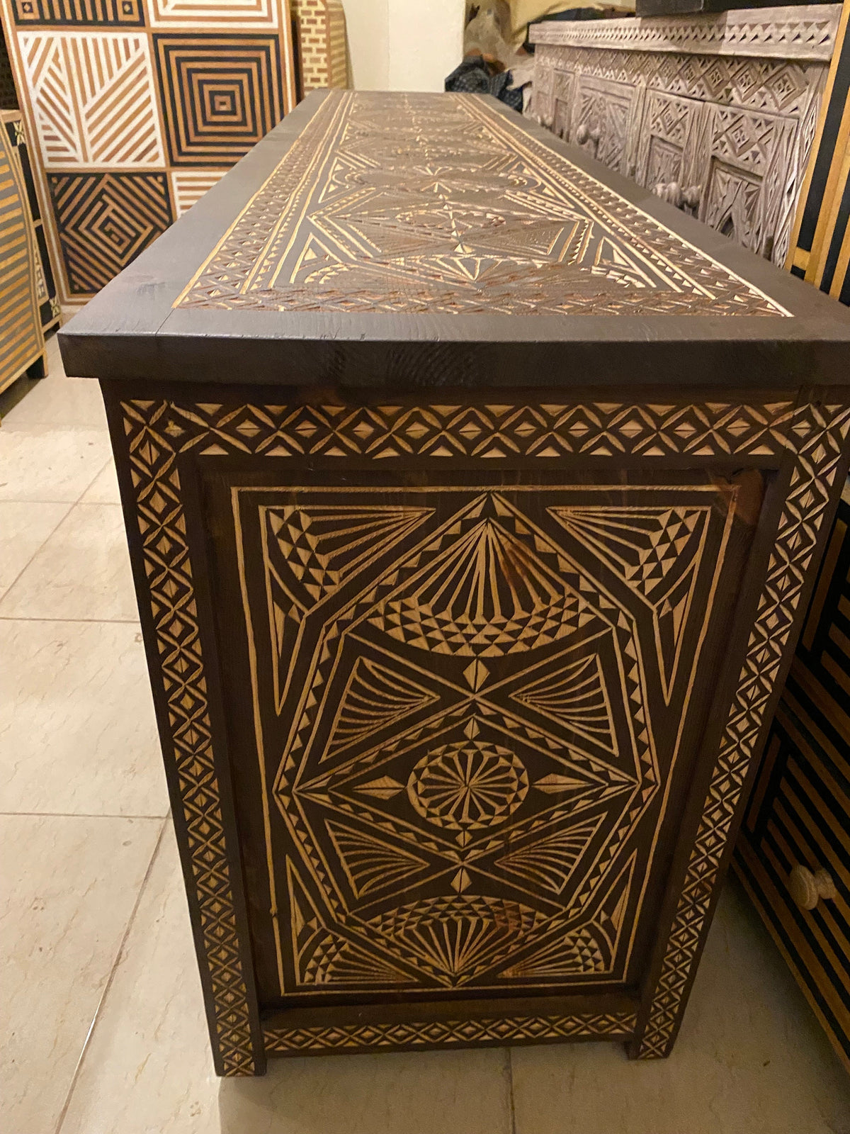 Handmade Carved Moroccan Cabinet, Ethnic Solid Wood Dresser, 204cm