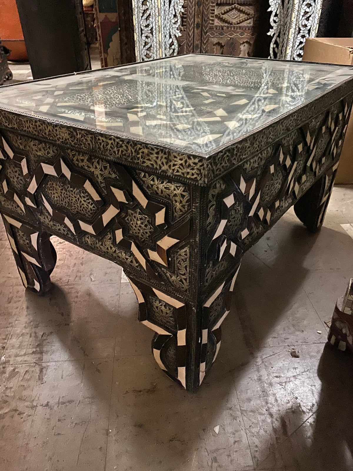 Vintage Moroccan Bone Inlay Table, Handmade Moorish Silver Metal