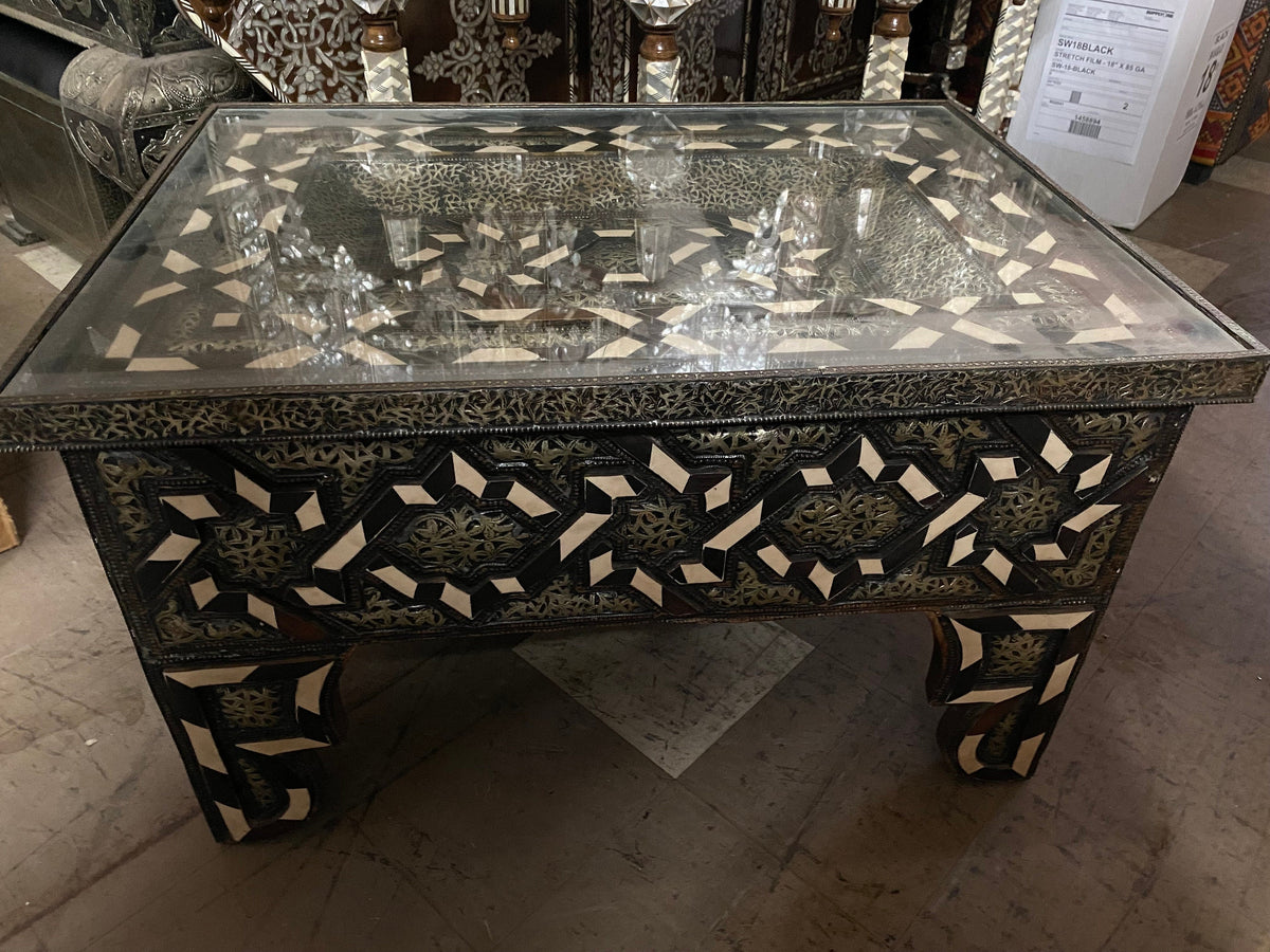 Vintage Moroccan Bone Inlay Table, Handmade Moorish Silver Metal