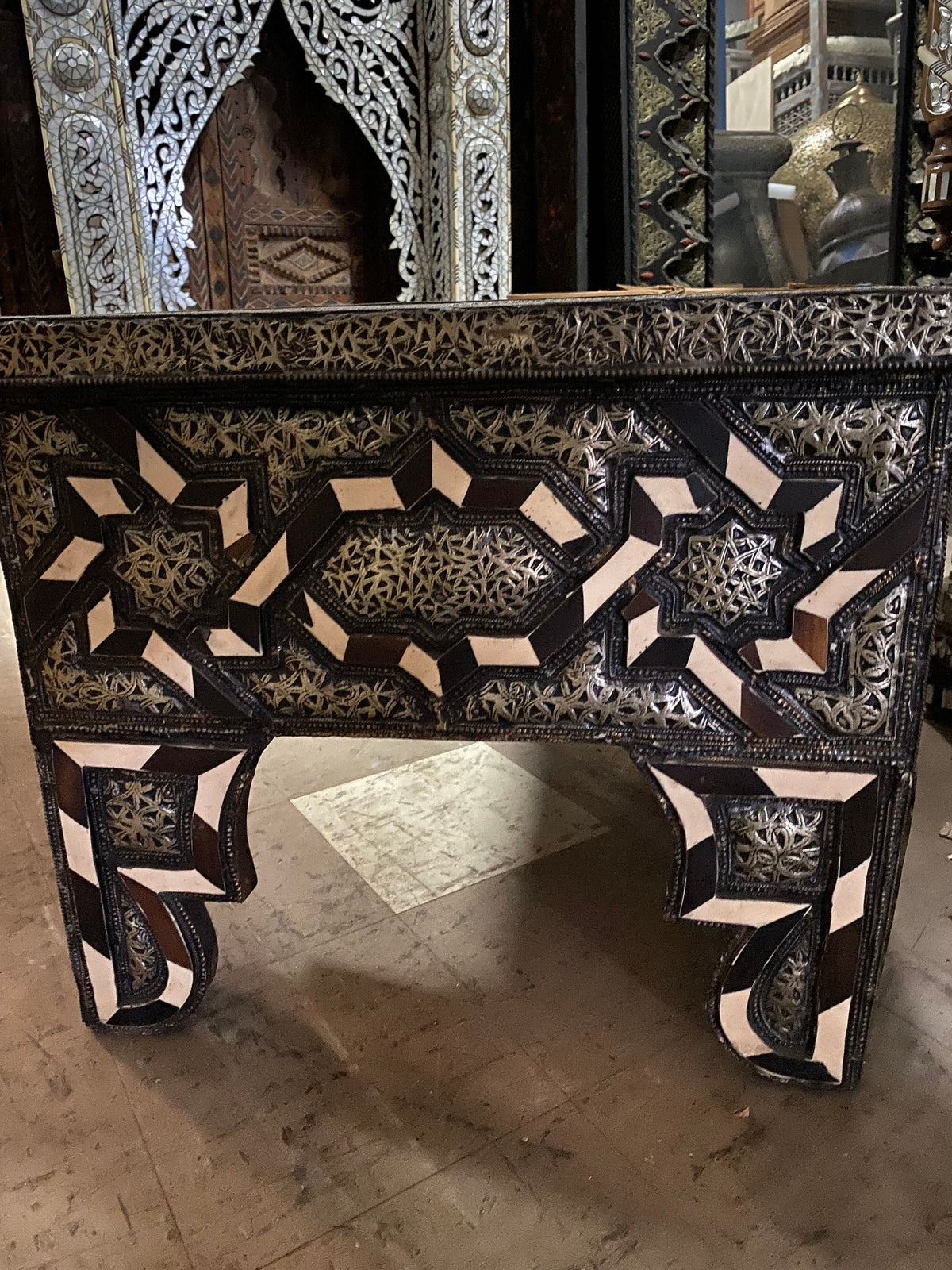 Vintage Moroccan Bone Inlay Table, Handmade Moorish Silver Metal