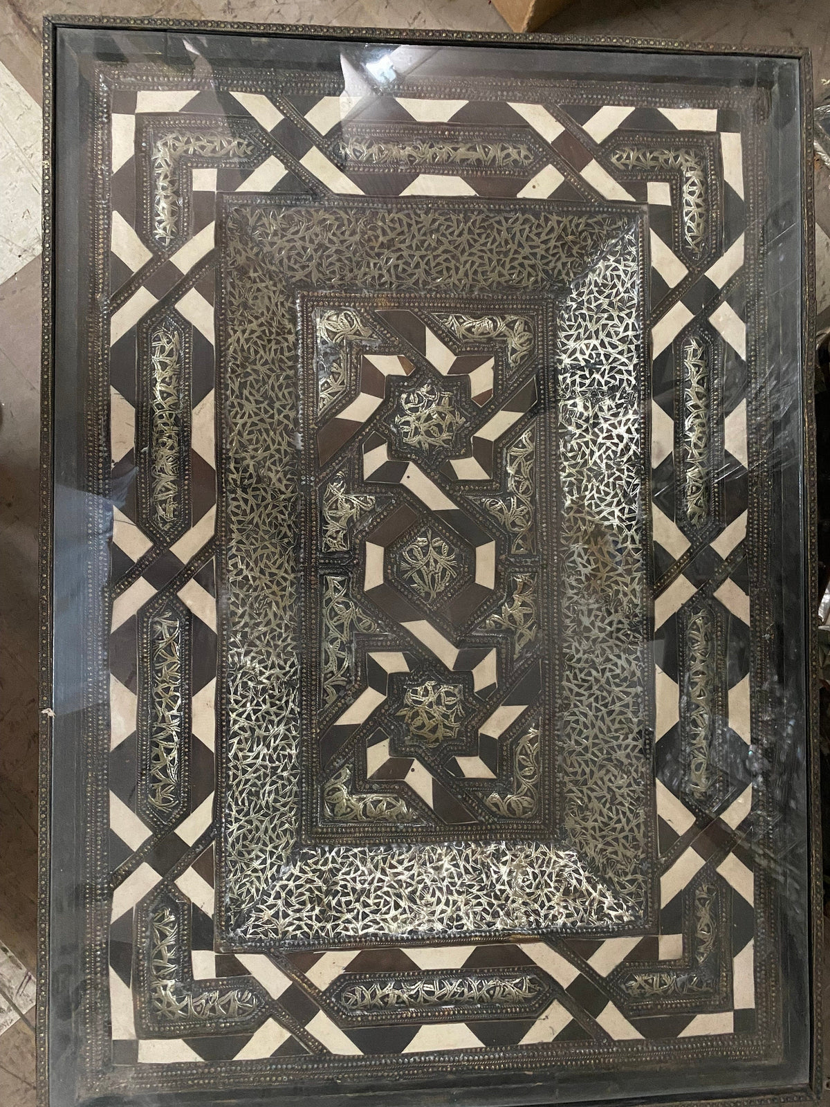 Vintage Moroccan Bone Inlay Table, Handmade Moorish Silver Metal
