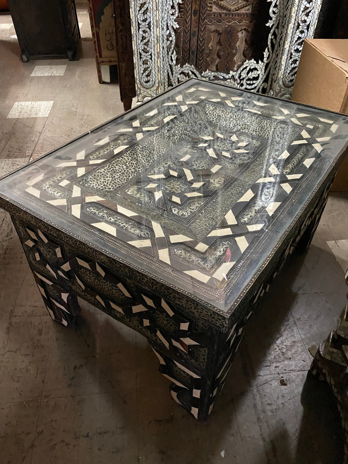 Vintage Moroccan Bone Inlay Table, Handmade Moorish Silver Metal