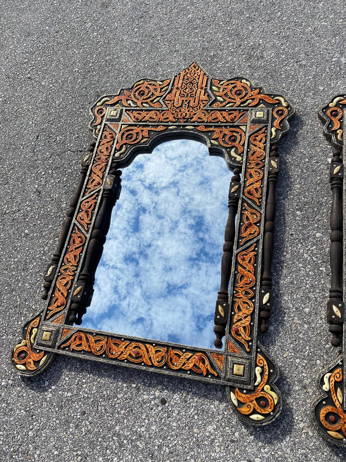 Vintage Moroccan Mirror: Allah Arabic Calligraphy, Camel Bone Inlay