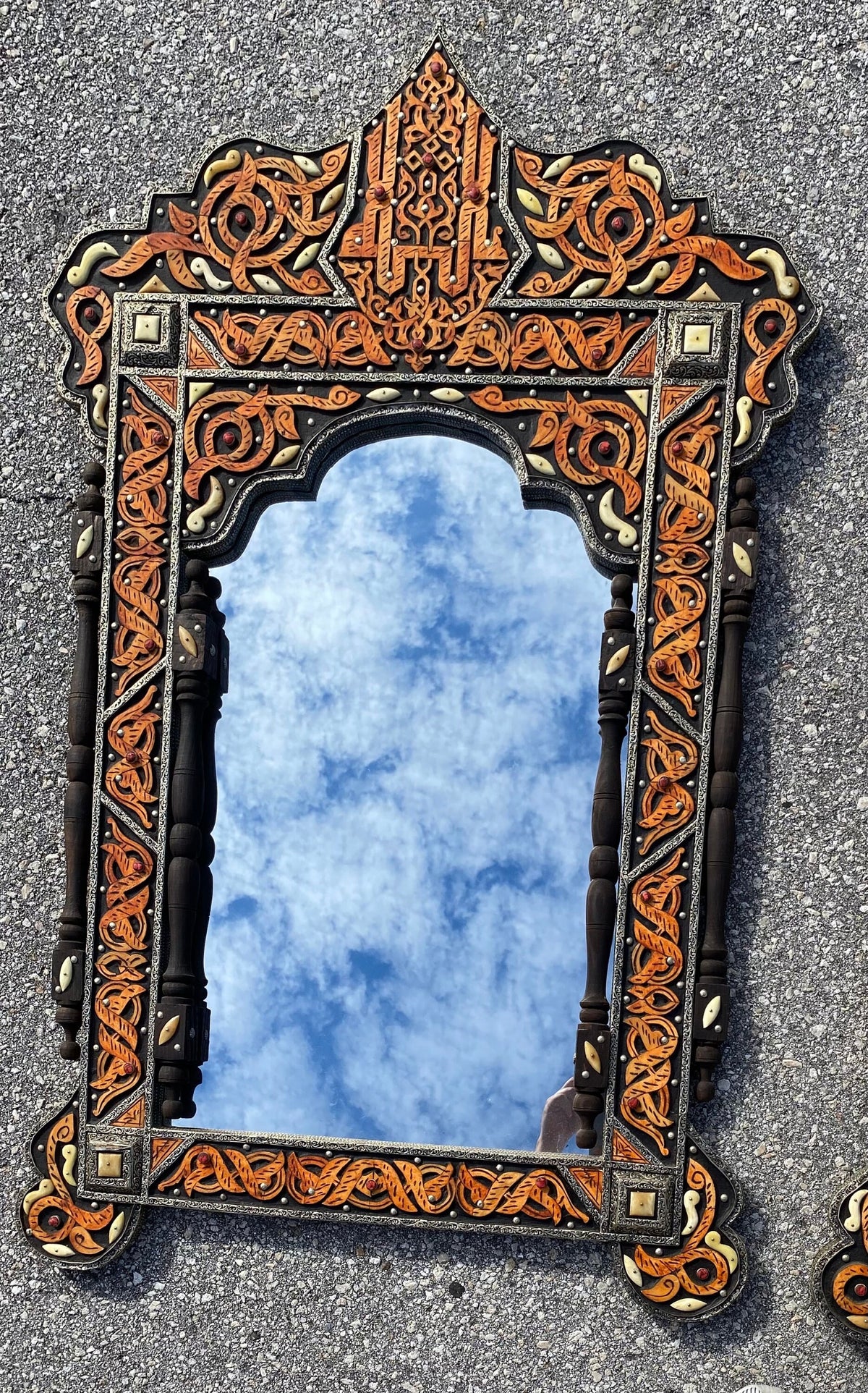 Vintage Moroccan Mirror: Allah Arabic Calligraphy, Camel Bone Inlay