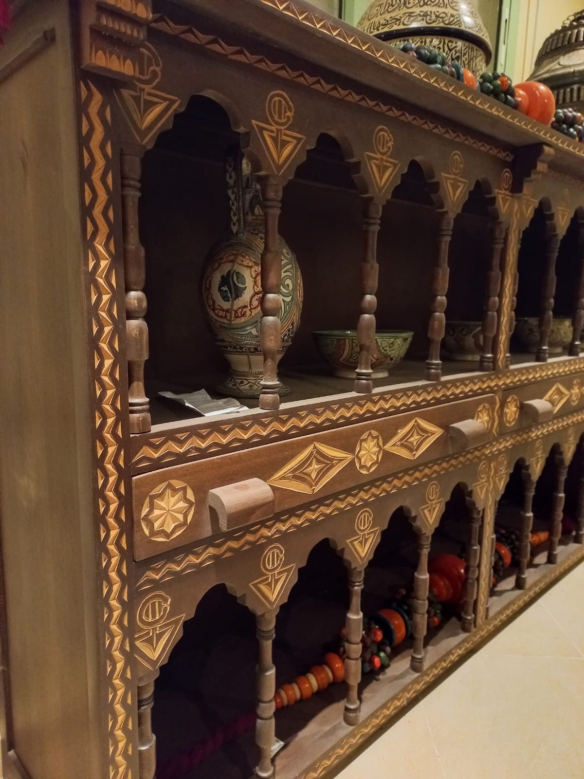 Handmade Moroccan Cedar Cabinet: Moorish Arch Carved Shelf