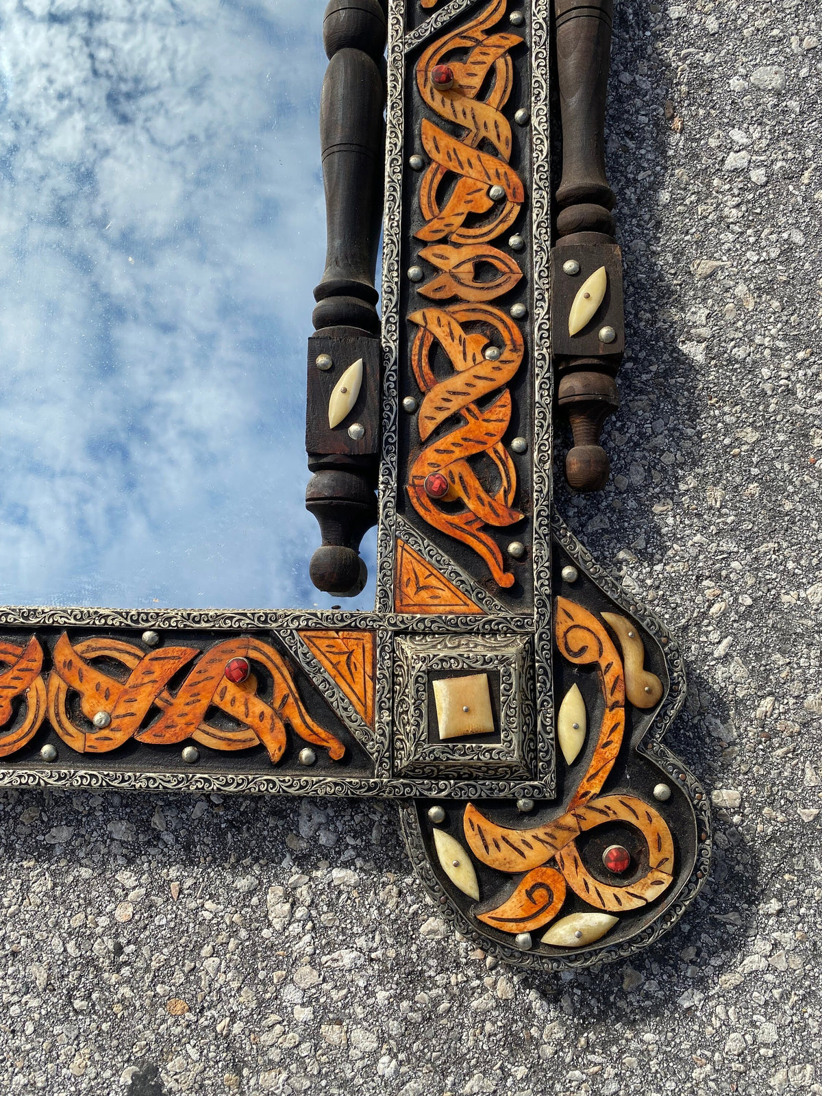 Vintage Moroccan Mirror: Allah Arabic Calligraphy, Camel Bone Inlay