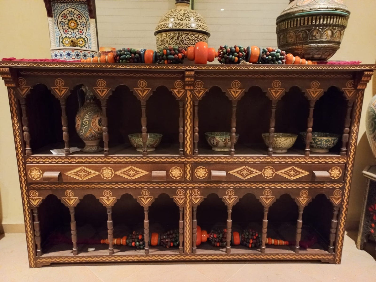 Handmade Moroccan Cedar Cabinet: Moorish Arch Carved Shelf