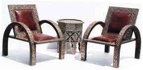 Vintage Silver Metal & Leather Moroccan Chairs, Touareg Bone Inlay