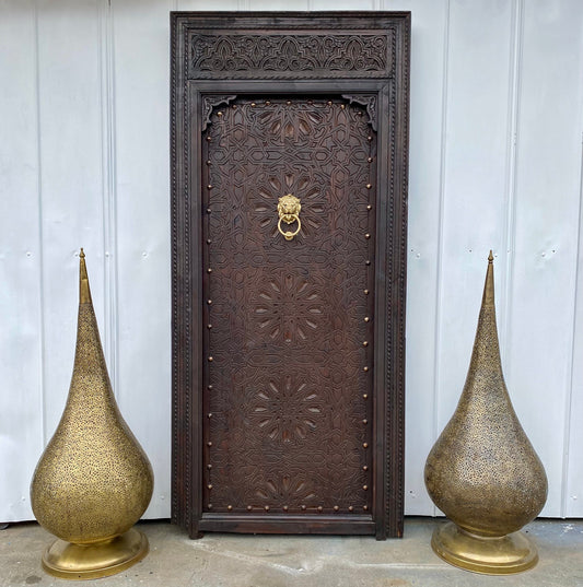 Handmade Moorish Cedar Door: Vintage Moroccan Carved Lion Knocker