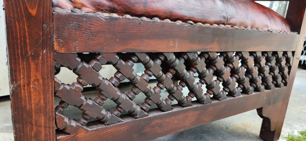 Vintage Moroccan Leather Chair, Handmade Mousharabia Wood Artwork