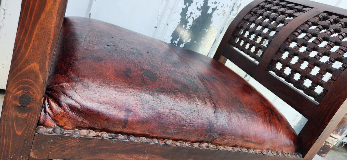 Vintage Moroccan Leather Chair, Handmade Mousharabia Wood Artwork